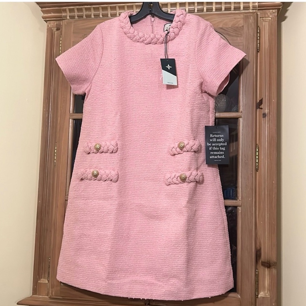 Tuckernuck Pink Bouclé A-Line Dress with Braided Trim